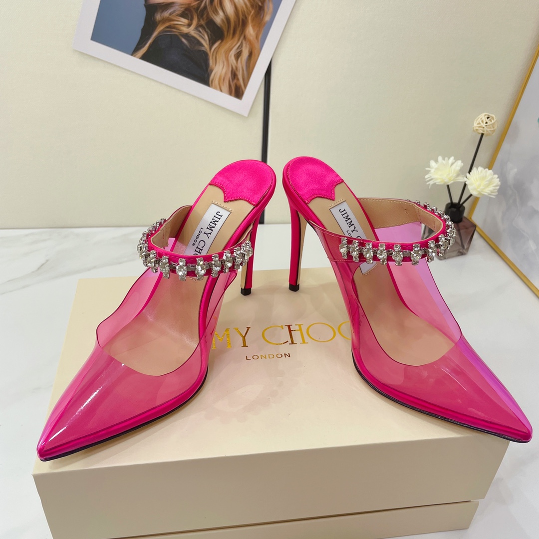 Jimmy Choo Bing 100 Hot Pink Neon Plexi Mules With Pink Crystal Strap - FashionPlug