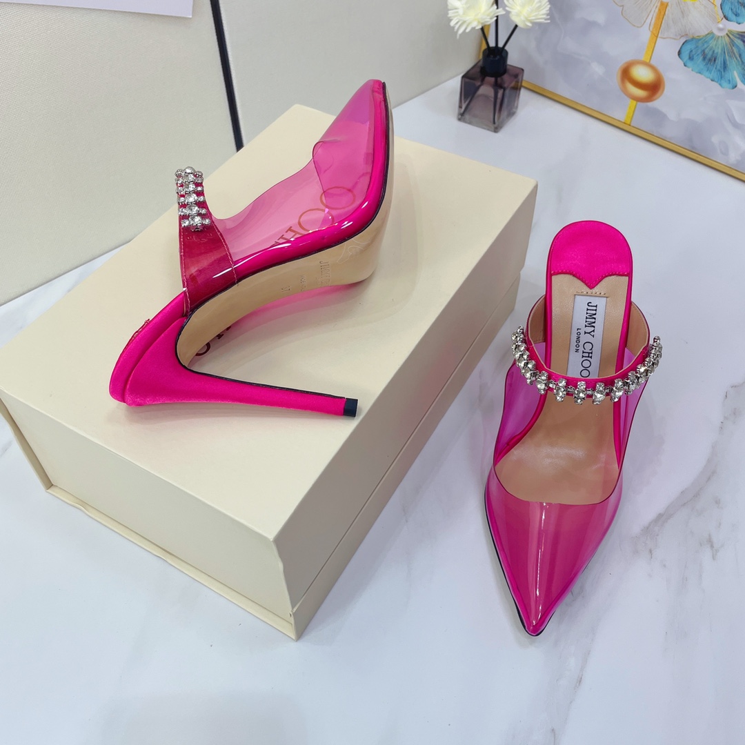 Jimmy Choo Bing 100 Hot Pink Neon Plexi Mules With Pink Crystal Strap - FashionPlug