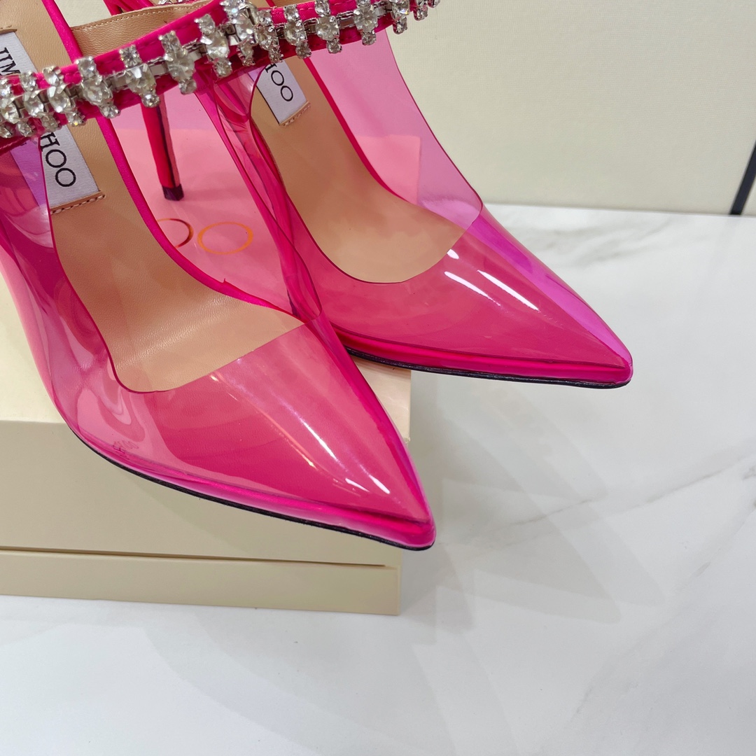 Jimmy Choo Bing 100 Hot Pink Neon Plexi Mules With Pink Crystal Strap - FashionPlug