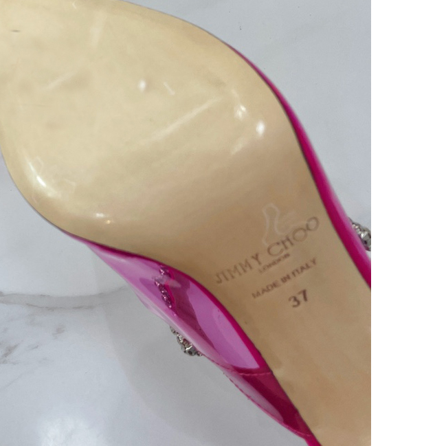 Jimmy Choo Bing 100 Hot Pink Neon Plexi Mules With Pink Crystal Strap - FashionPlug