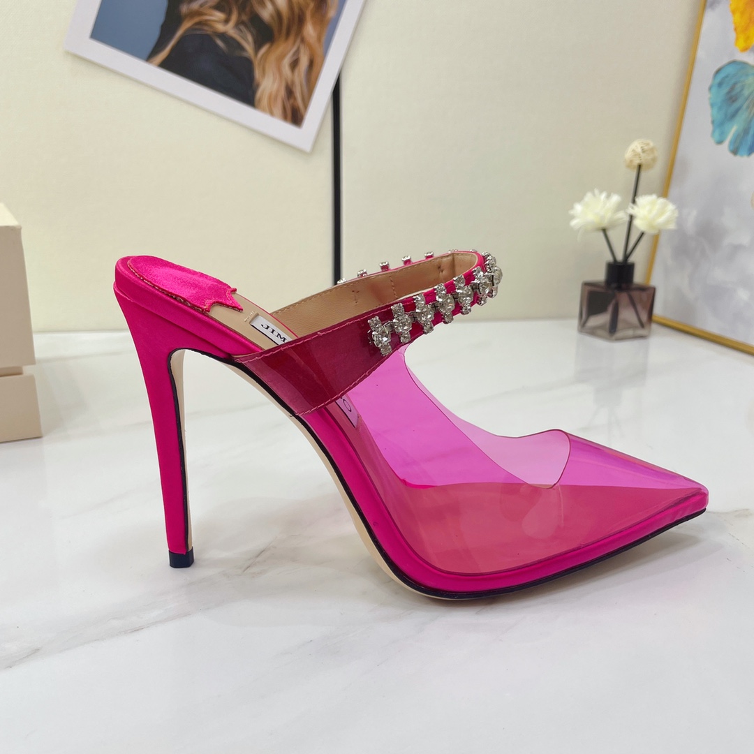 Jimmy Choo Bing 100 Hot Pink Neon Plexi Mules With Pink Crystal Strap - FashionPlug
