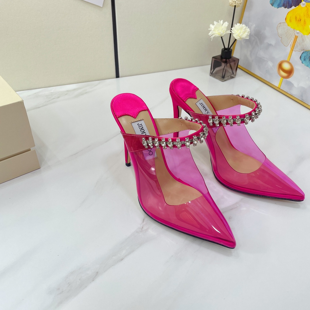 Jimmy Choo Bing 100 Hot Pink Neon Plexi Mules With Pink Crystal Strap - FashionPlug