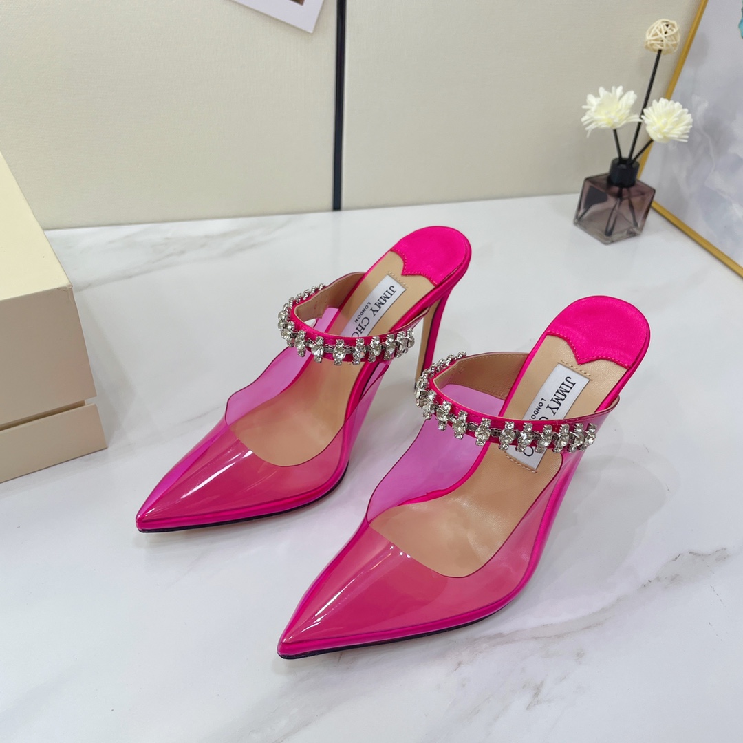 Jimmy Choo Bing 100 Hot Pink Neon Plexi Mules With Pink Crystal Strap - FashionPlug