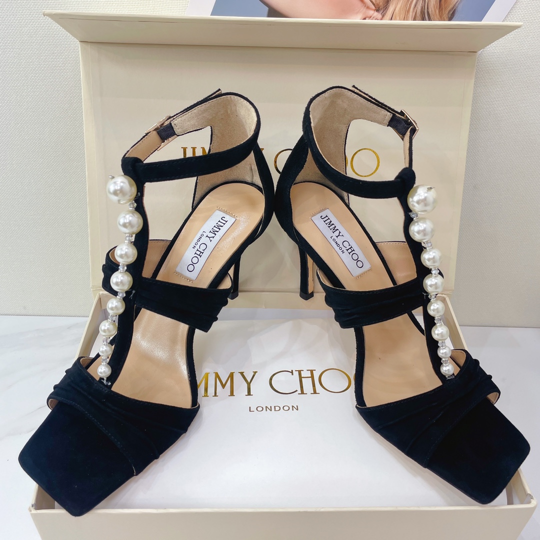 Jimmy Choo Black Suede Sandals With Pearls And Crystals - FashionPlug