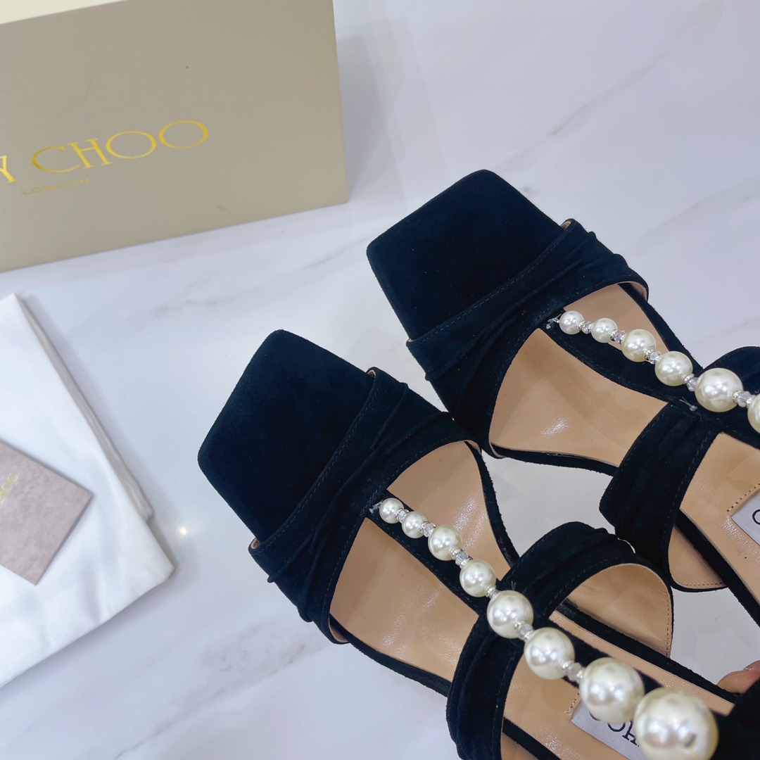 Jimmy Choo Black Suede Sandals With Pearls And Crystals - FashionPlug