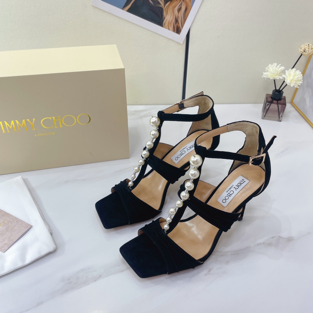 Jimmy Choo Black Suede Sandals With Pearls And Crystals - FashionPlug