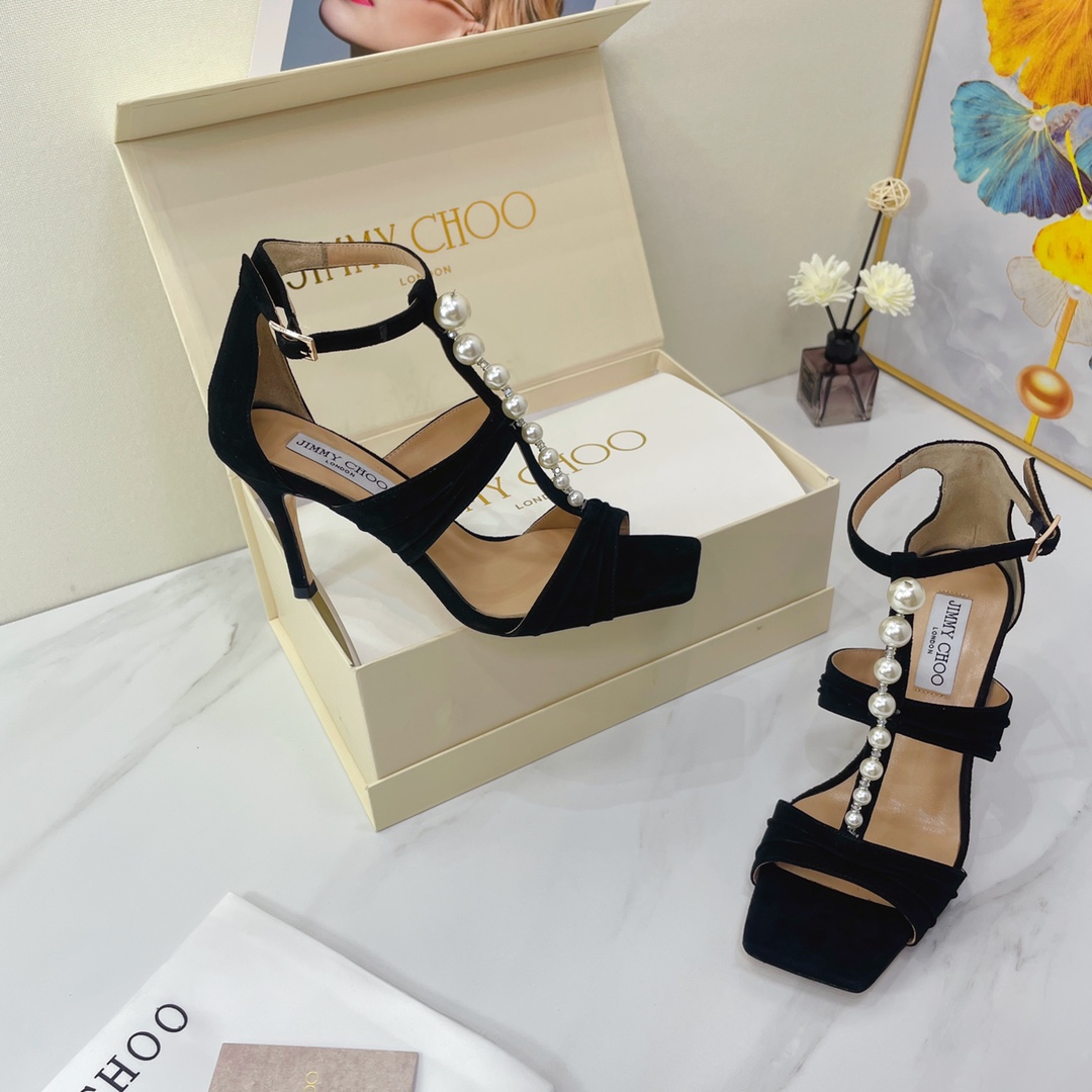 Jimmy Choo Black Suede Sandals With Pearls And Crystals - FashionPlug