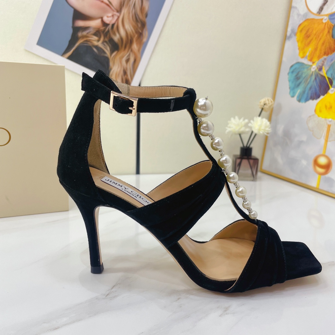 Jimmy Choo Black Suede Sandals With Pearls And Crystals - FashionPlug