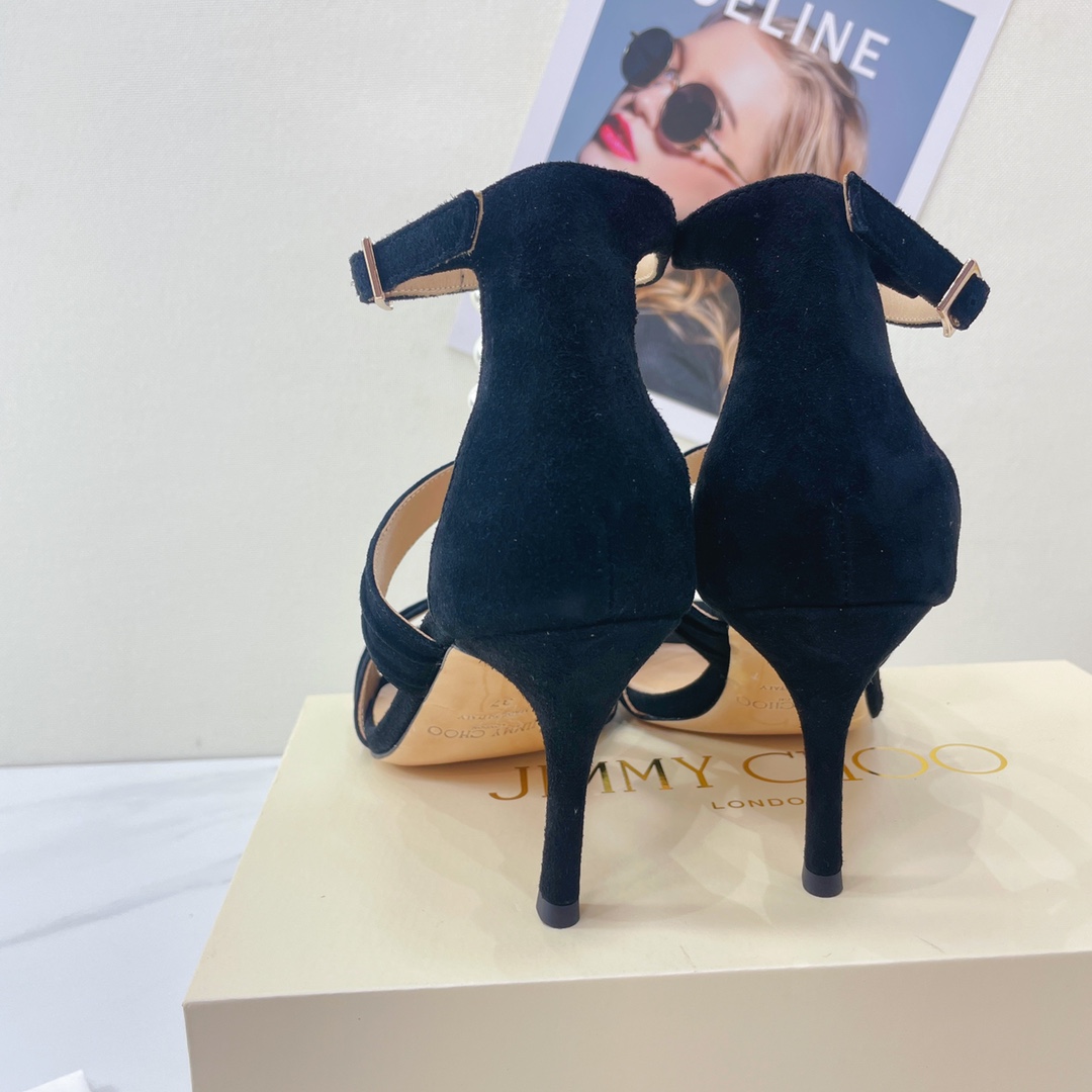 Jimmy Choo Black Suede Sandals With Pearls And Crystals - FashionPlug