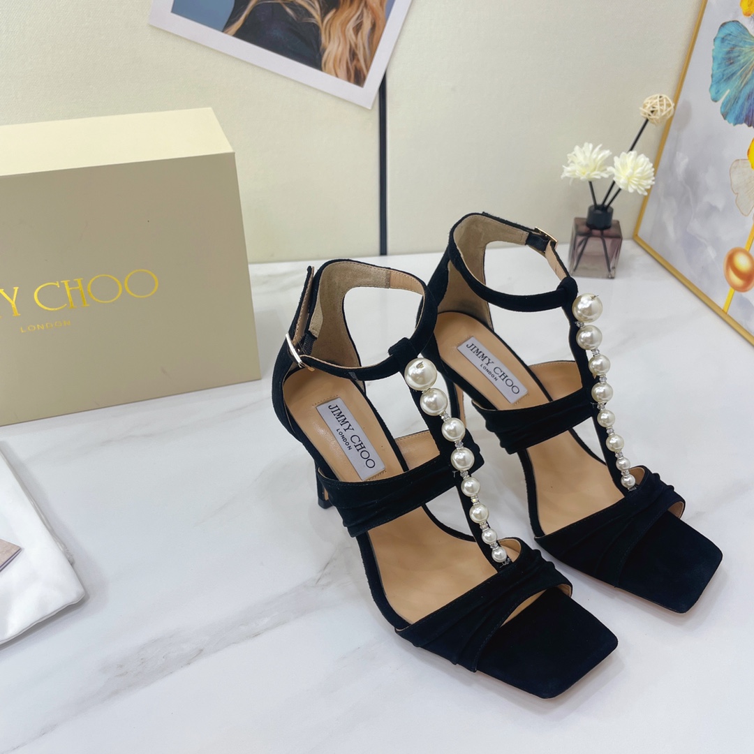 Jimmy Choo Black Suede Sandals With Pearls And Crystals - FashionPlug