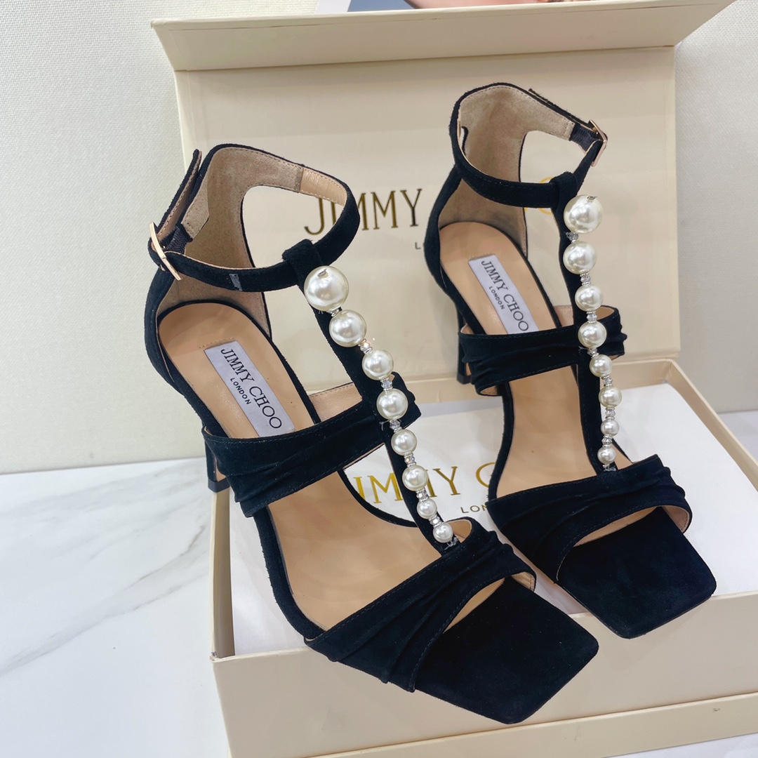 Jimmy Choo Black Suede Sandals With Pearls And Crystals - FashionPlug
