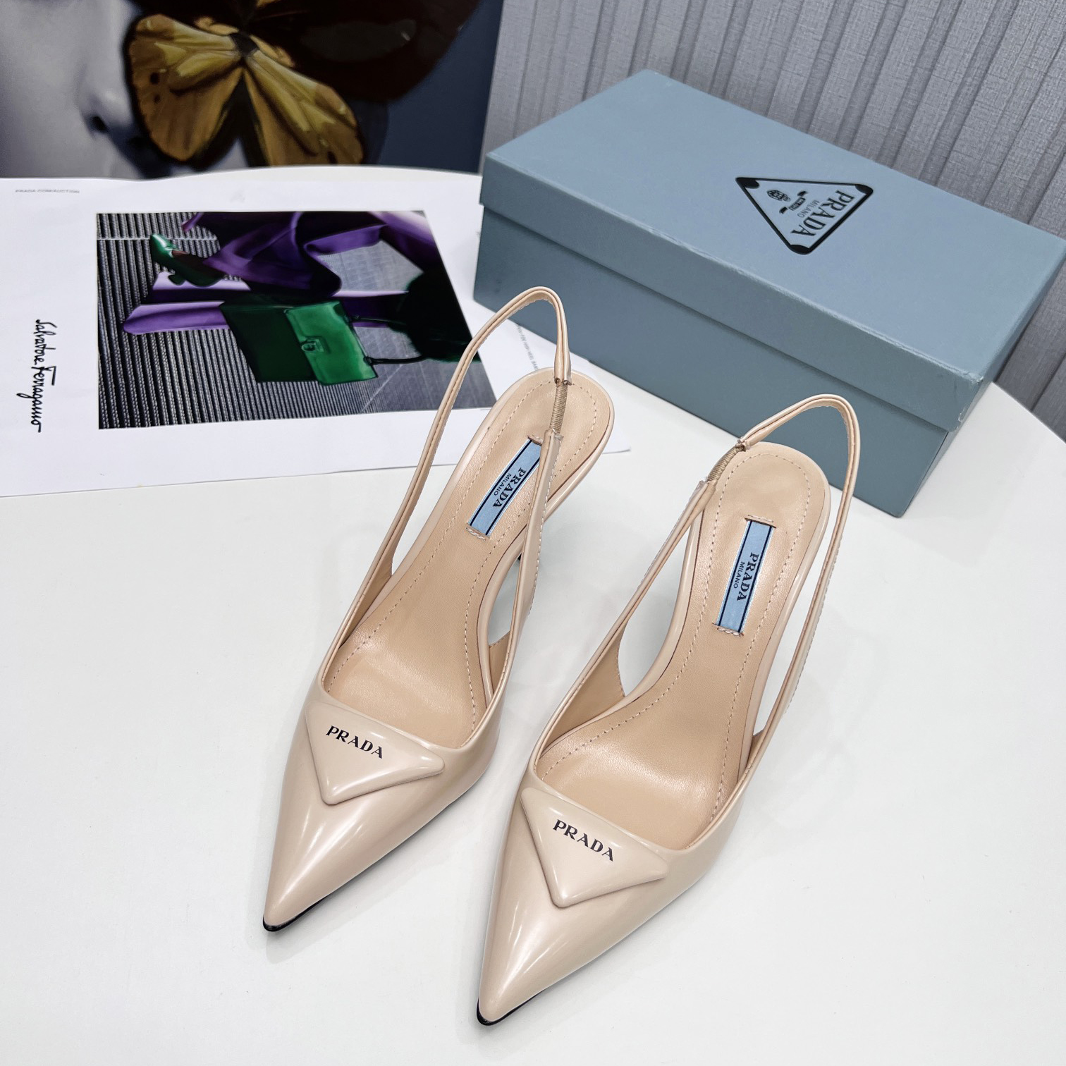 Prada Brushed Leather Slingback Pumps  - FashionPlug