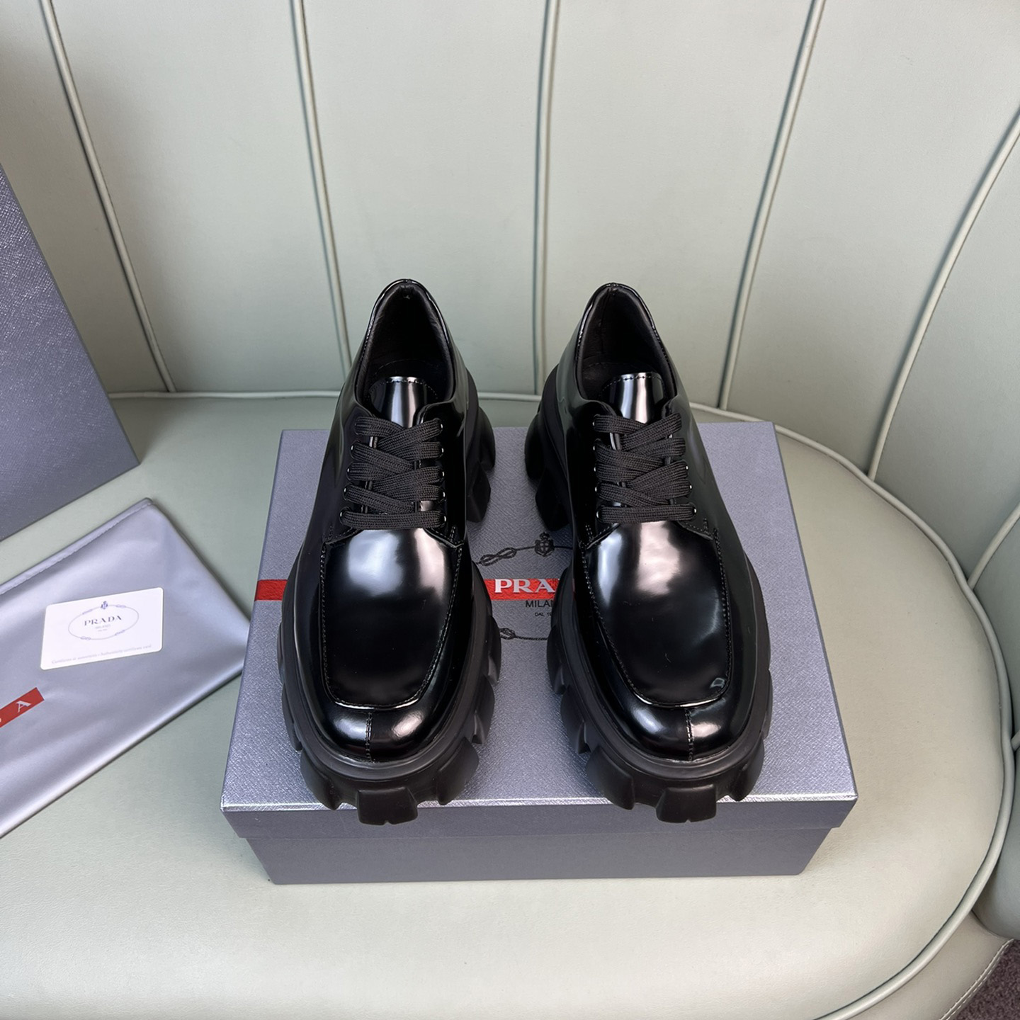 Prada Monolith Brushed Leather Lace-Up Shoes - FashionPlug