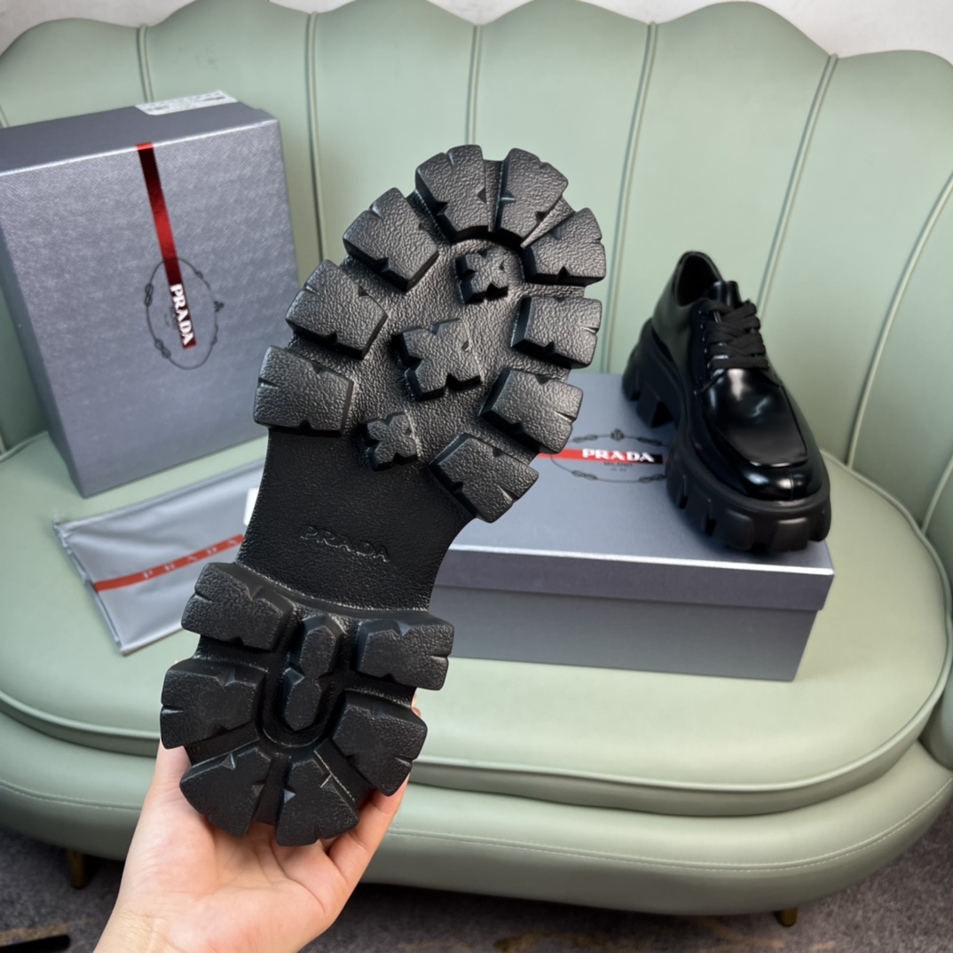 Prada Monolith Brushed Leather Lace-Up Shoes - FashionPlug