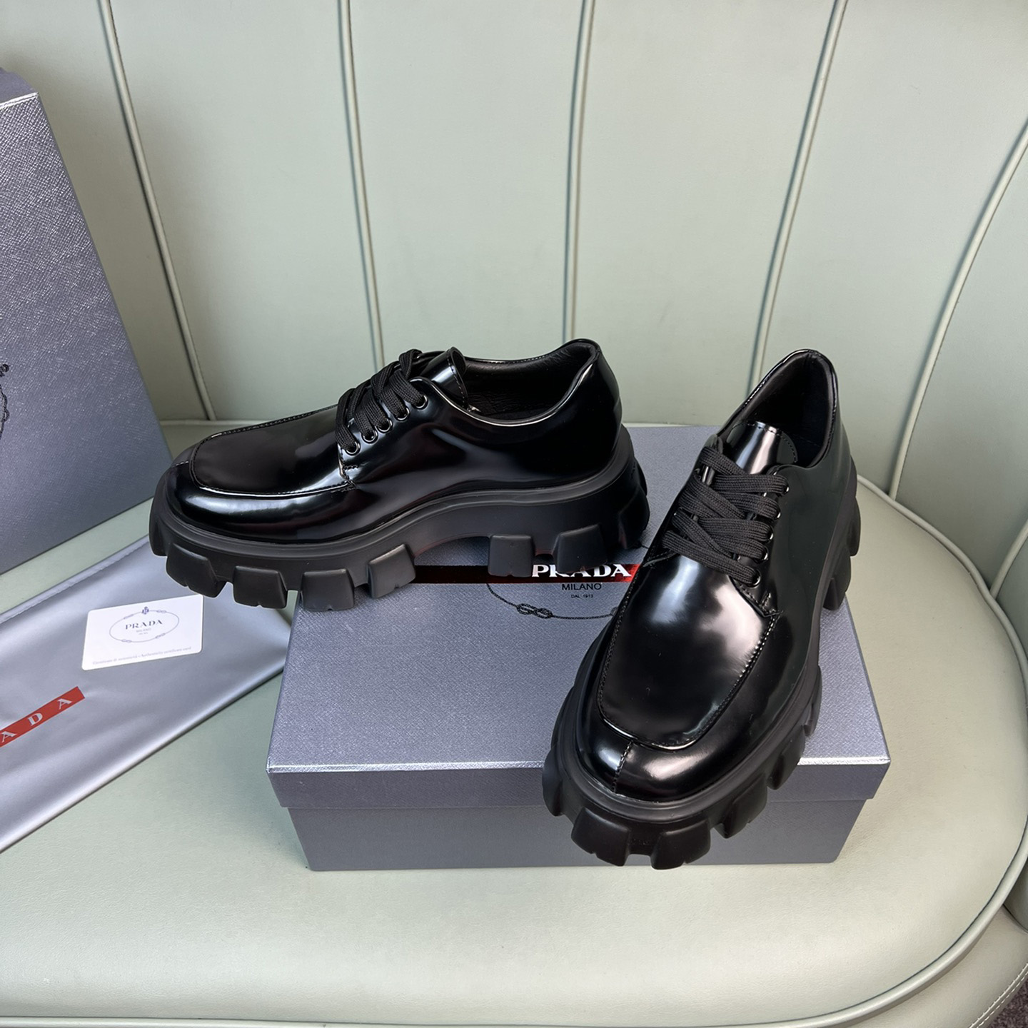 Prada Monolith Brushed Leather Lace-Up Shoes - FashionPlug