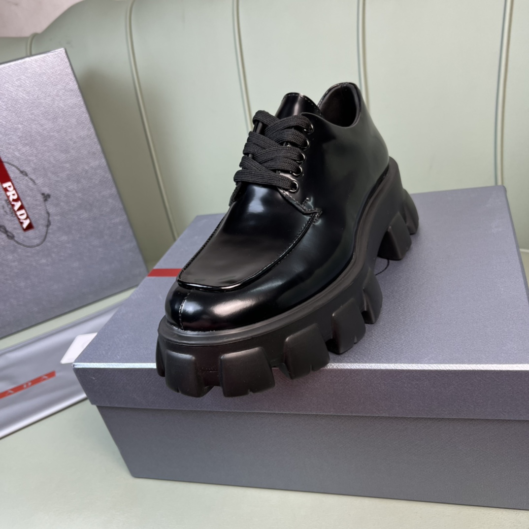 Prada Monolith Brushed Leather Lace-Up Shoes - FashionPlug
