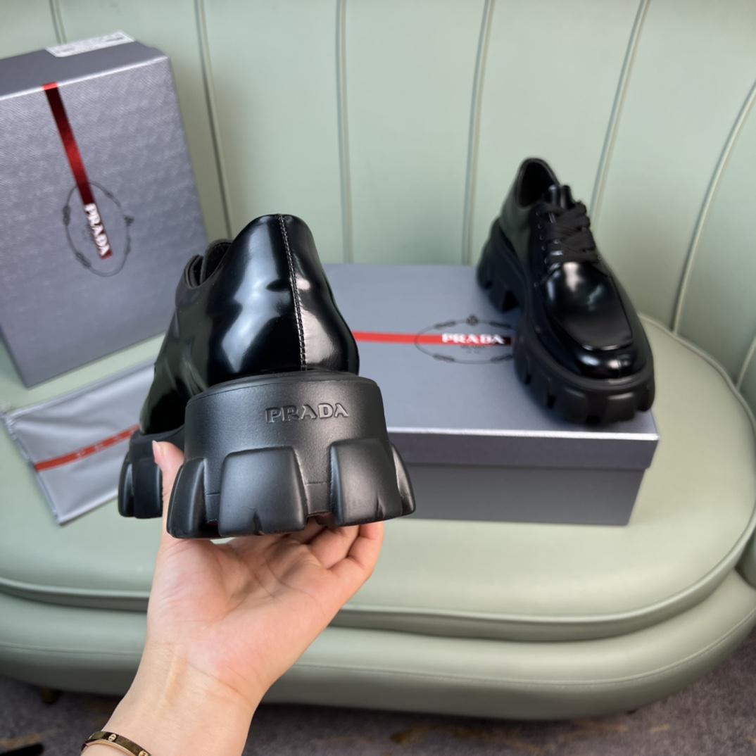 Prada Monolith Brushed Leather Lace-Up Shoes - FashionPlug