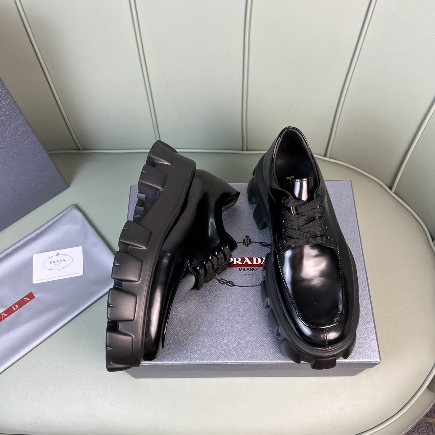 Prada Monolith Brushed Leather Lace-Up Shoes - FashionPlug