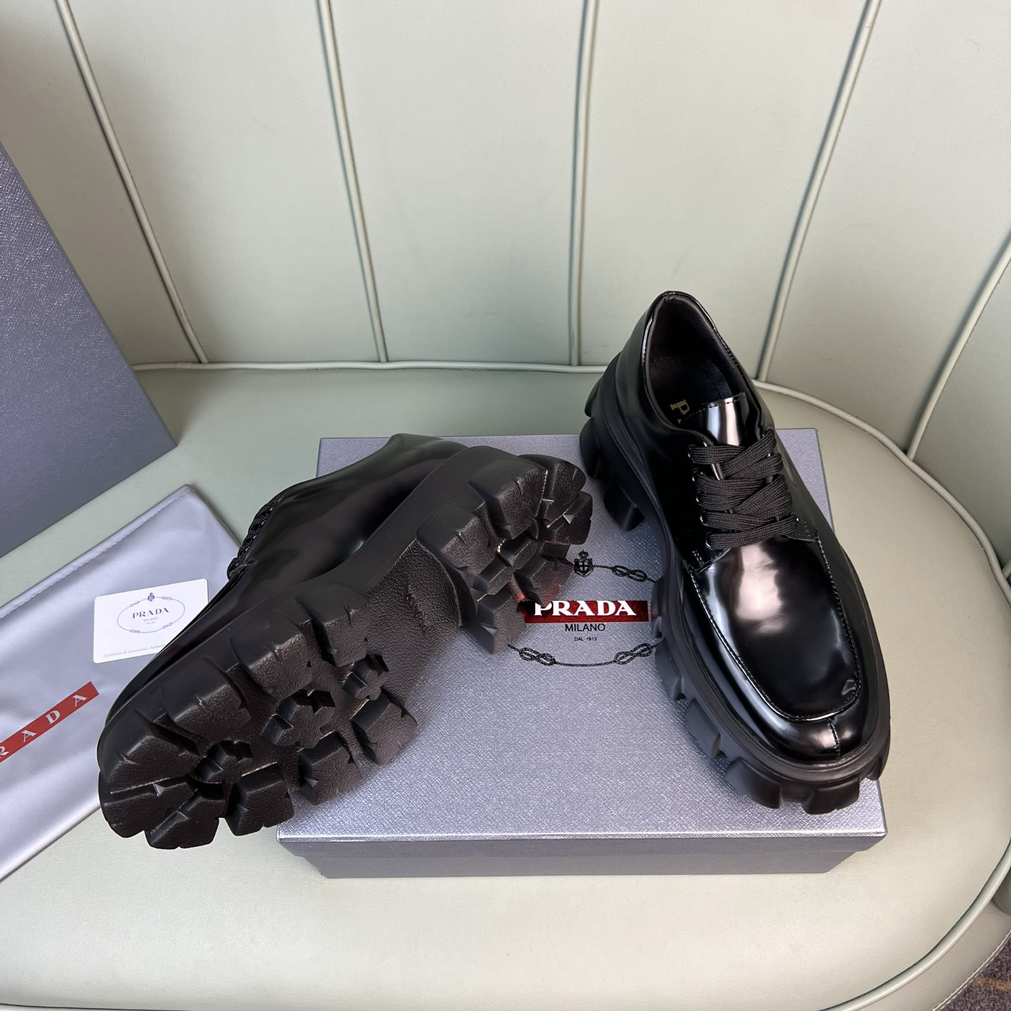 Prada Monolith Brushed Leather Lace-Up Shoes - FashionPlug