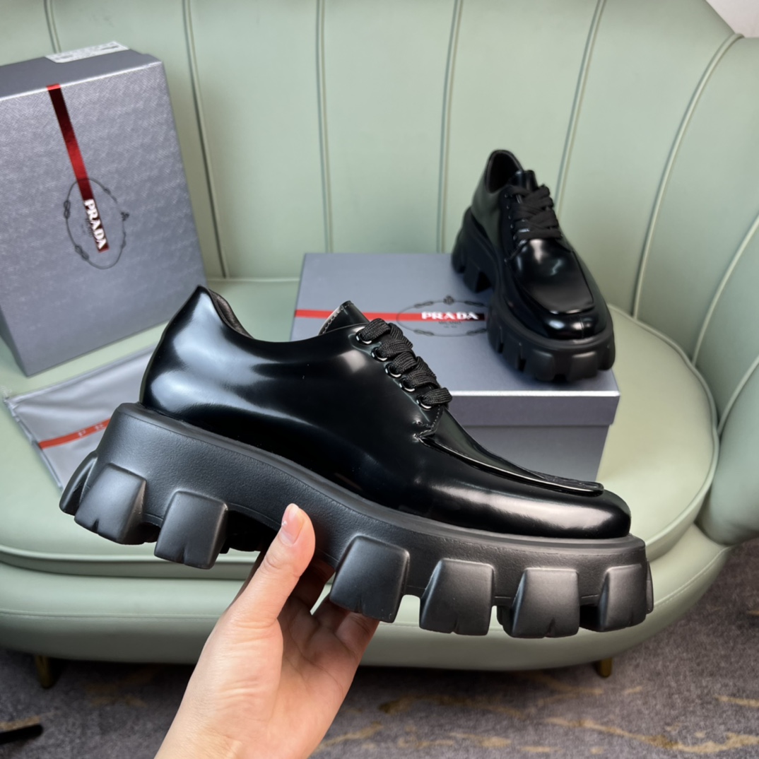 Prada Monolith Brushed Leather Lace-Up Shoes - FashionPlug