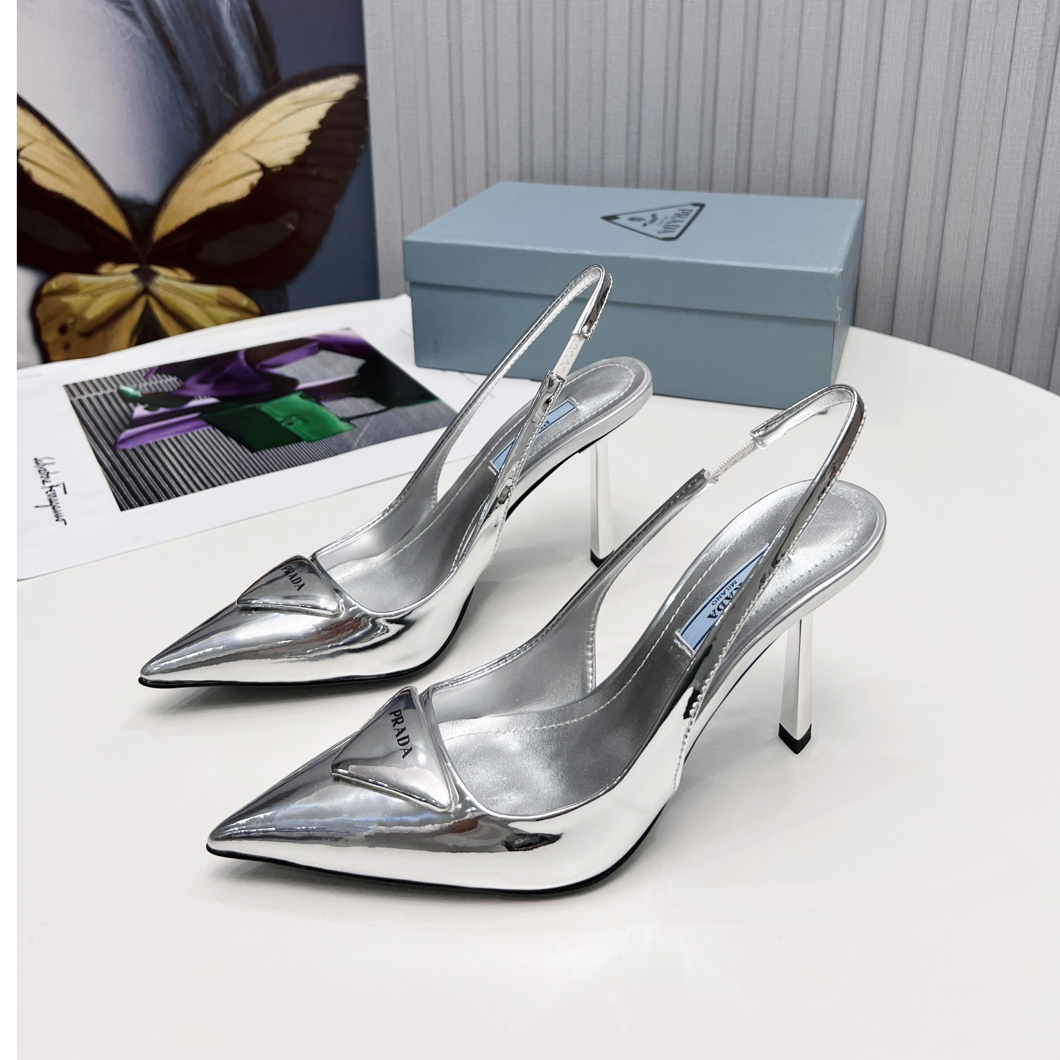 Prada Brushed Leather Slingback Pumps In Sliver - FashionPlug