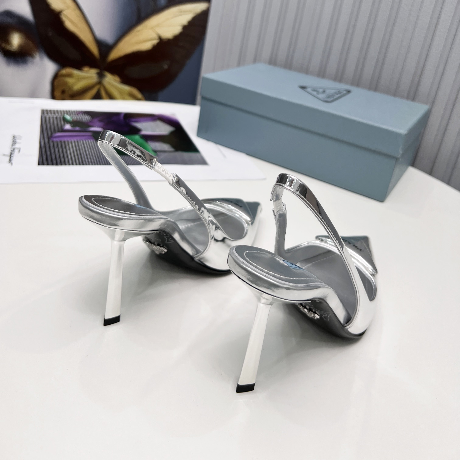 Prada Brushed Leather Slingback Pumps In Sliver - FashionPlug