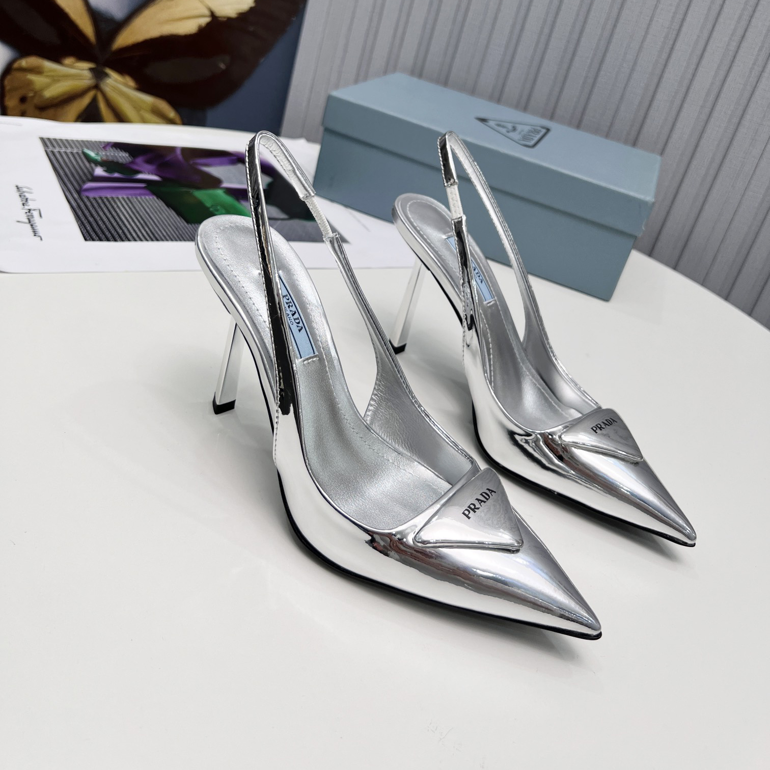 Prada Brushed Leather Slingback Pumps In Sliver - FashionPlug
