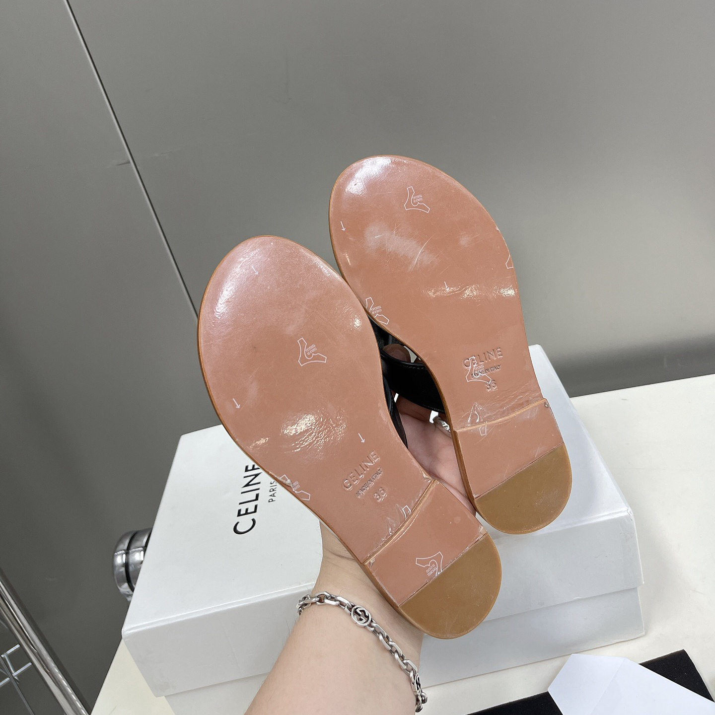 Celine Triomphe Flat Thong In Calfskin Black - FashionPlug
