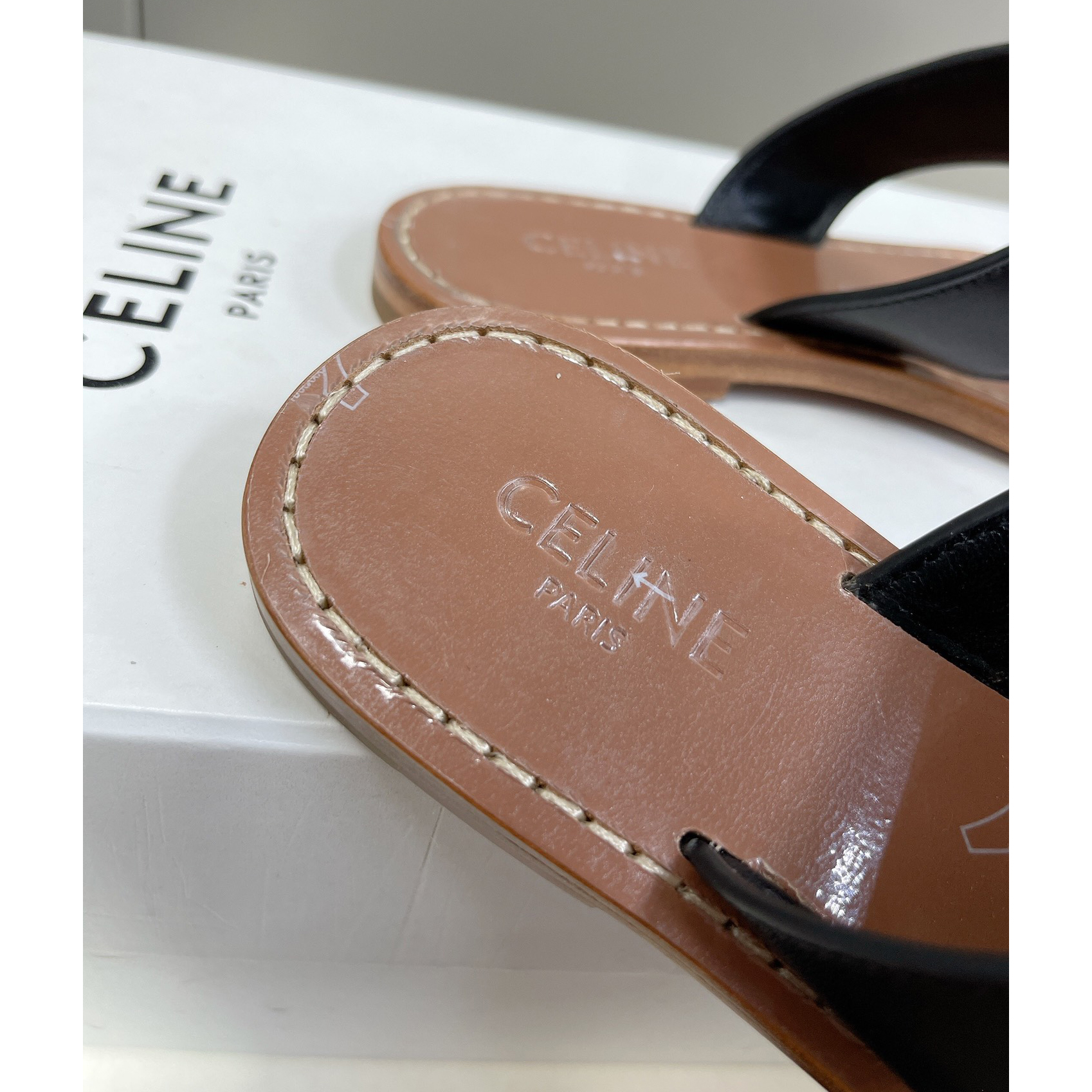 Celine Triomphe Flat Thong In Calfskin Black - FashionPlug