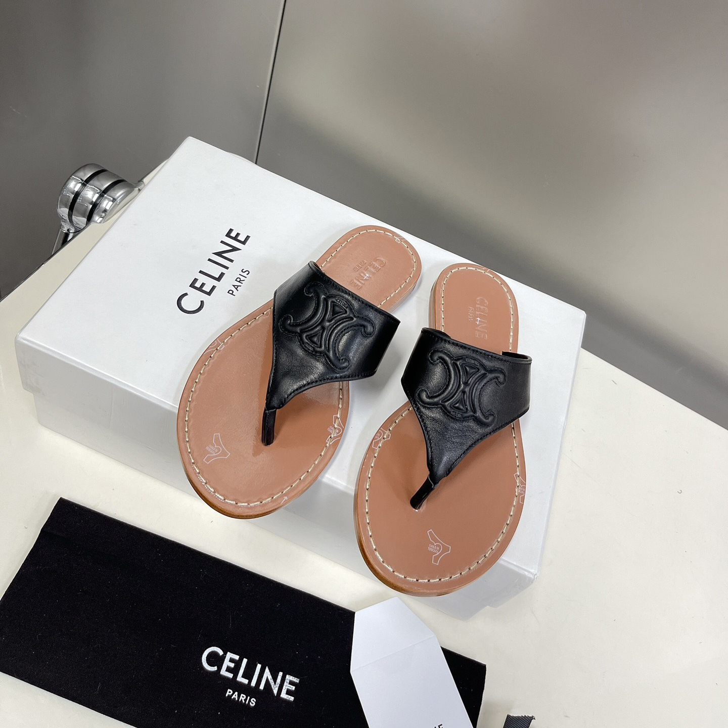 Celine Triomphe Flat Thong In Calfskin Black - FashionPlug