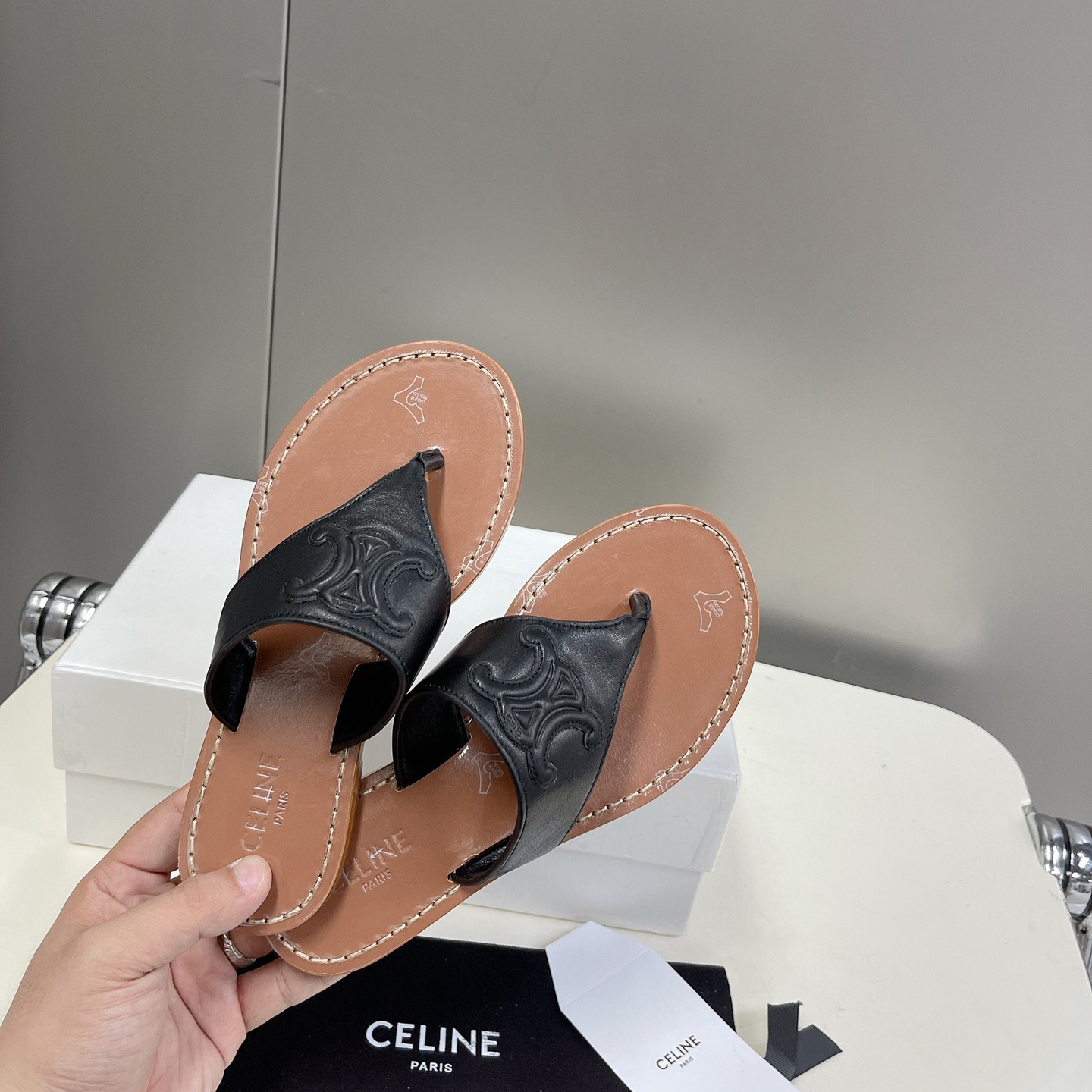 Celine Triomphe Flat Thong In Calfskin Black - FashionPlug