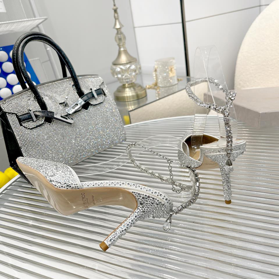 Jimmy Choo Saeda 100 Lvory Satin Pumps With Crystal Embellishment - FashionPlug
