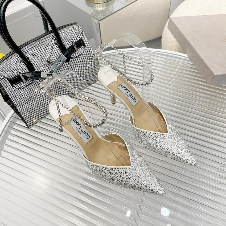 Jimmy Choo Saeda 100 Lvory Satin Pumps With Crystal Embellishment - FashionPlug