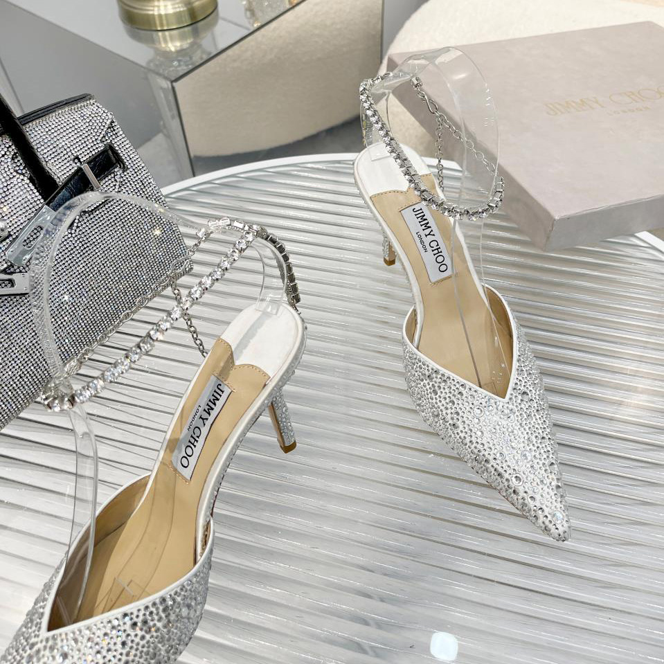 Jimmy Choo Saeda 100 Lvory Satin Pumps With Crystal Embellishment - FashionPlug