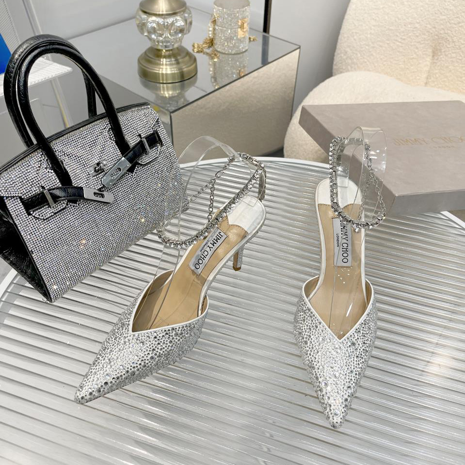 Jimmy Choo Saeda 100 Lvory Satin Pumps With Crystal Embellishment - FashionPlug