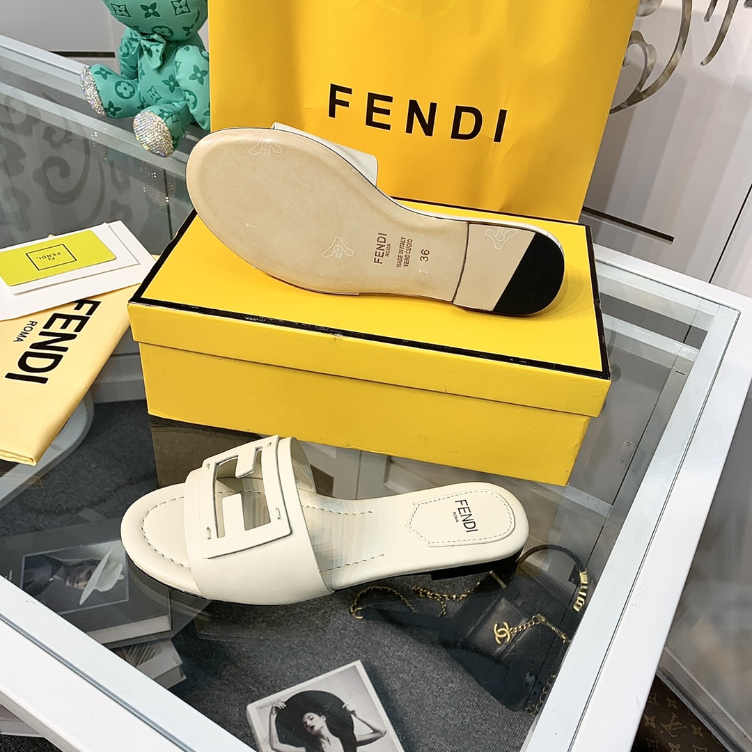 Fendi Signature Beige Leather Slides - FashionPlug
