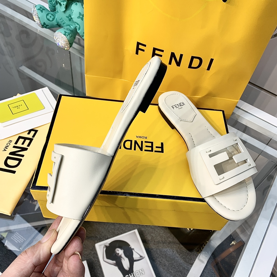 Fendi Signature Beige Leather Slides - FashionPlug