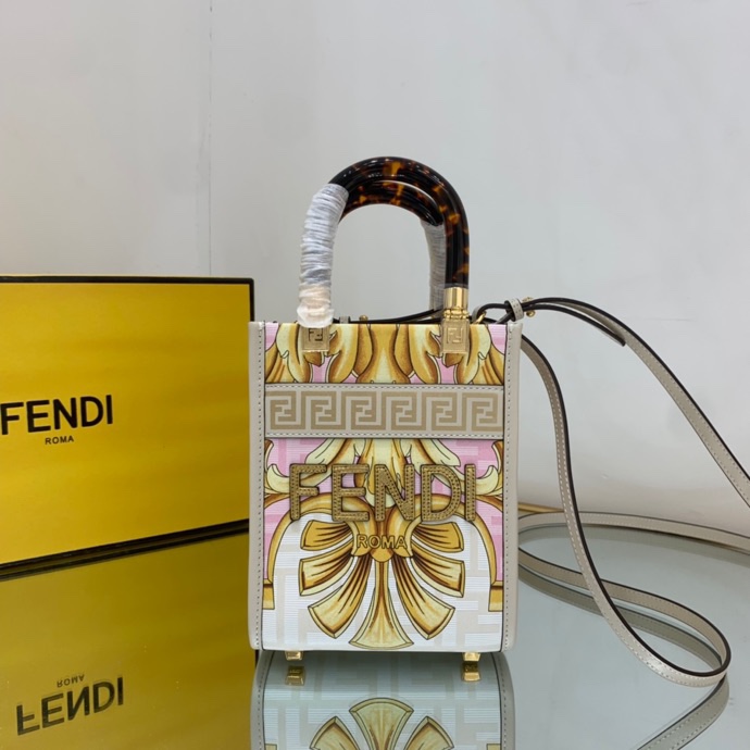 Versace x Fendi Mini Sunshine Shopper Fendace Printed White Leather Mini Bag(13-18-6.5cm) - FashionPlug