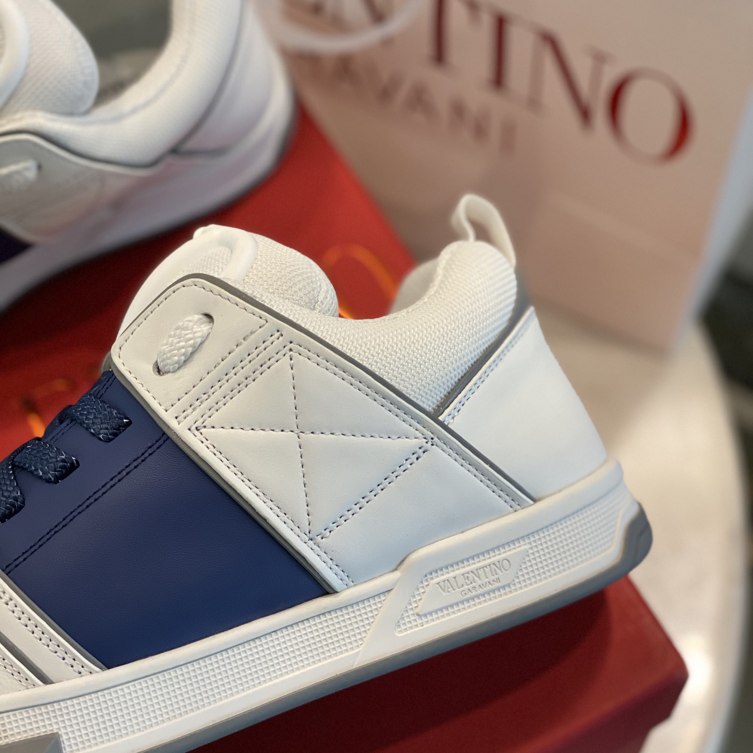 Valenti Open Skate Calfskin And Fabric Sneaker In White/Blue - FashionPlug