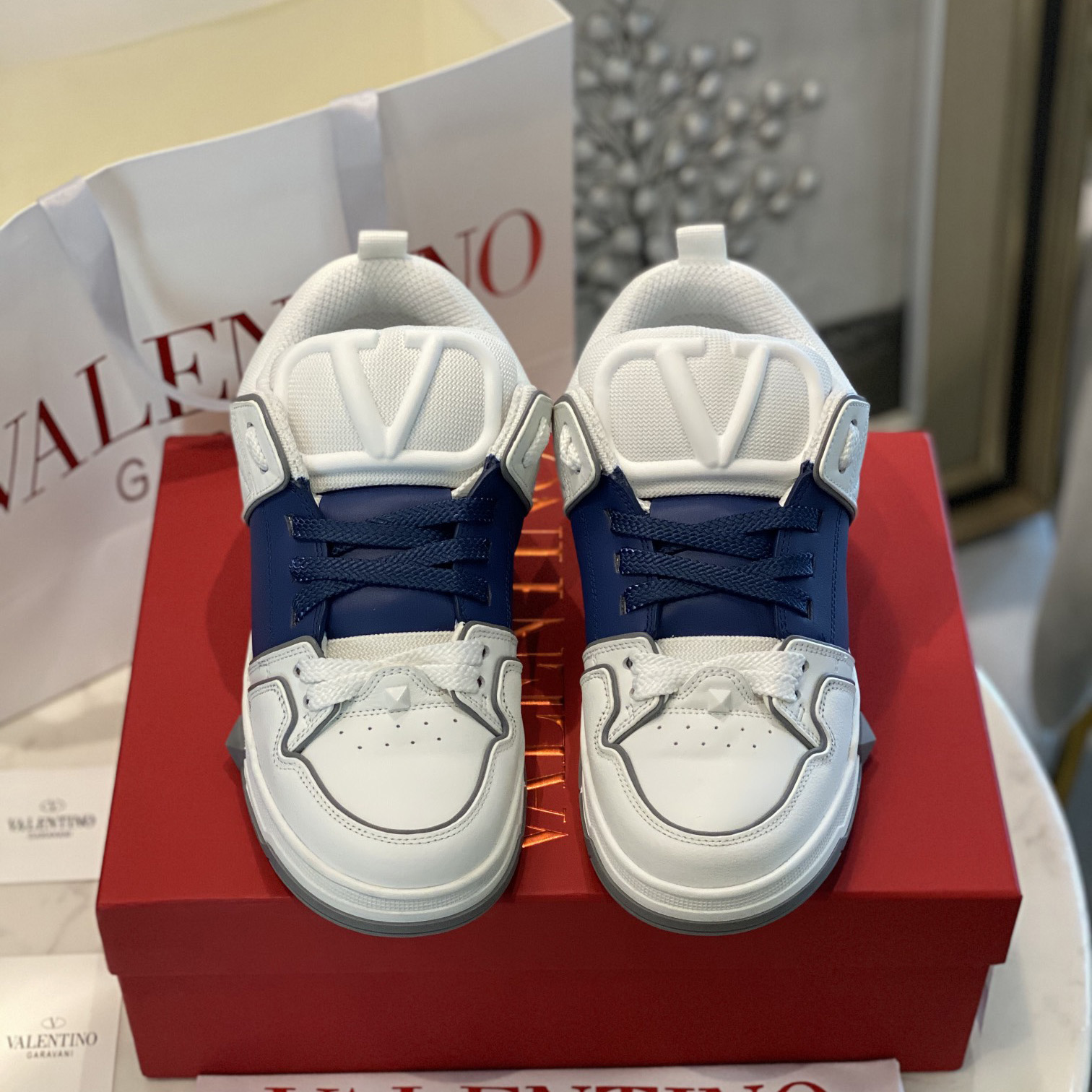 Valenti Open Skate Calfskin And Fabric Sneaker In White/Blue - FashionPlug