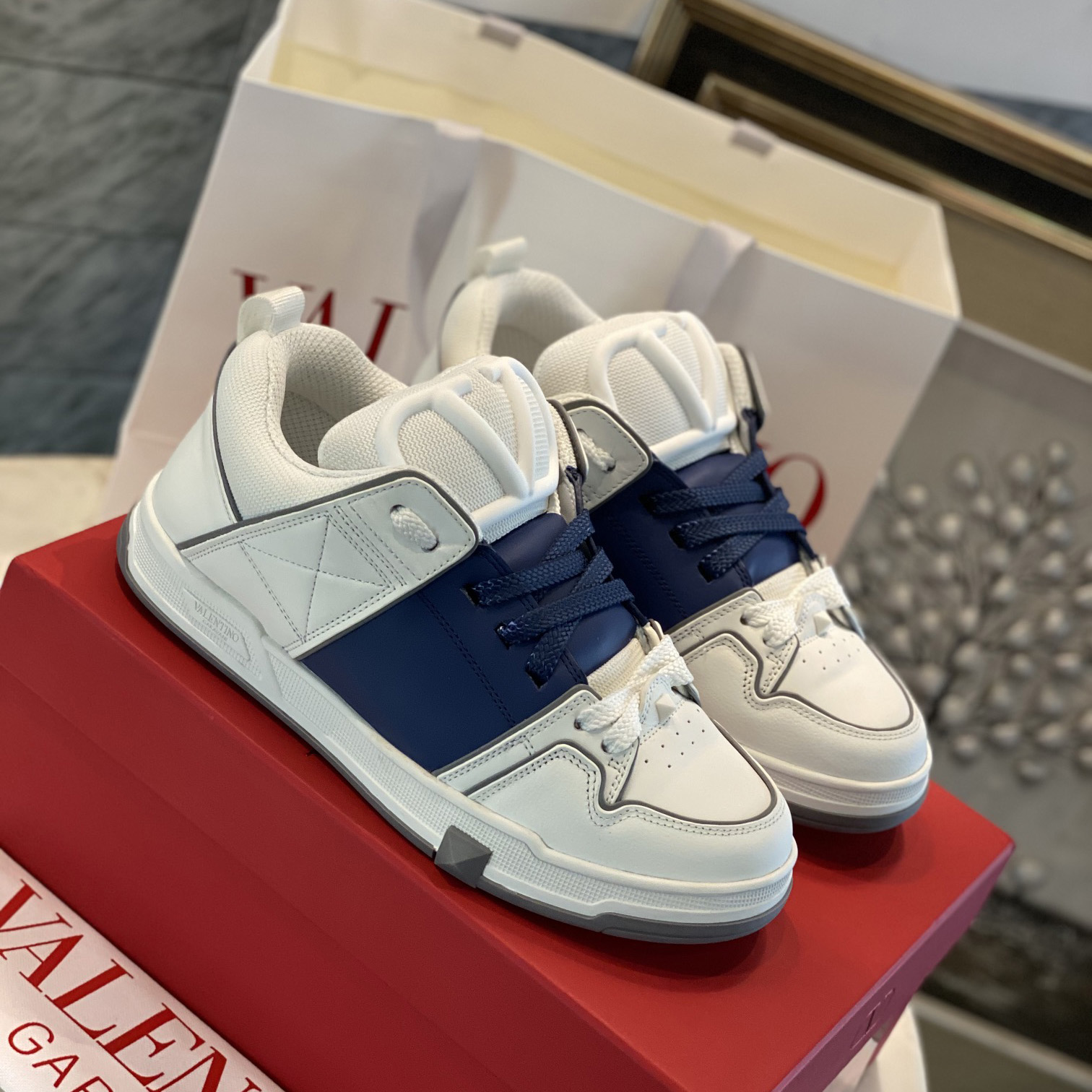 Valenti Open Skate Calfskin And Fabric Sneaker In White/Blue - FashionPlug