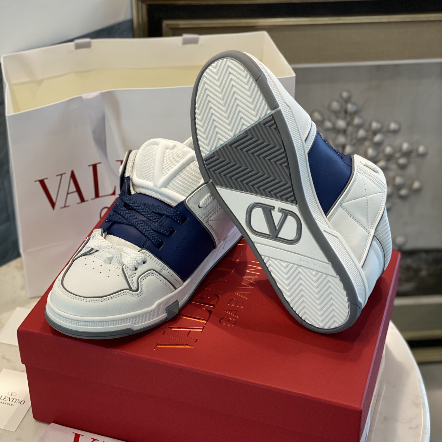 Valenti Open Skate Calfskin And Fabric Sneaker In White/Blue - FashionPlug