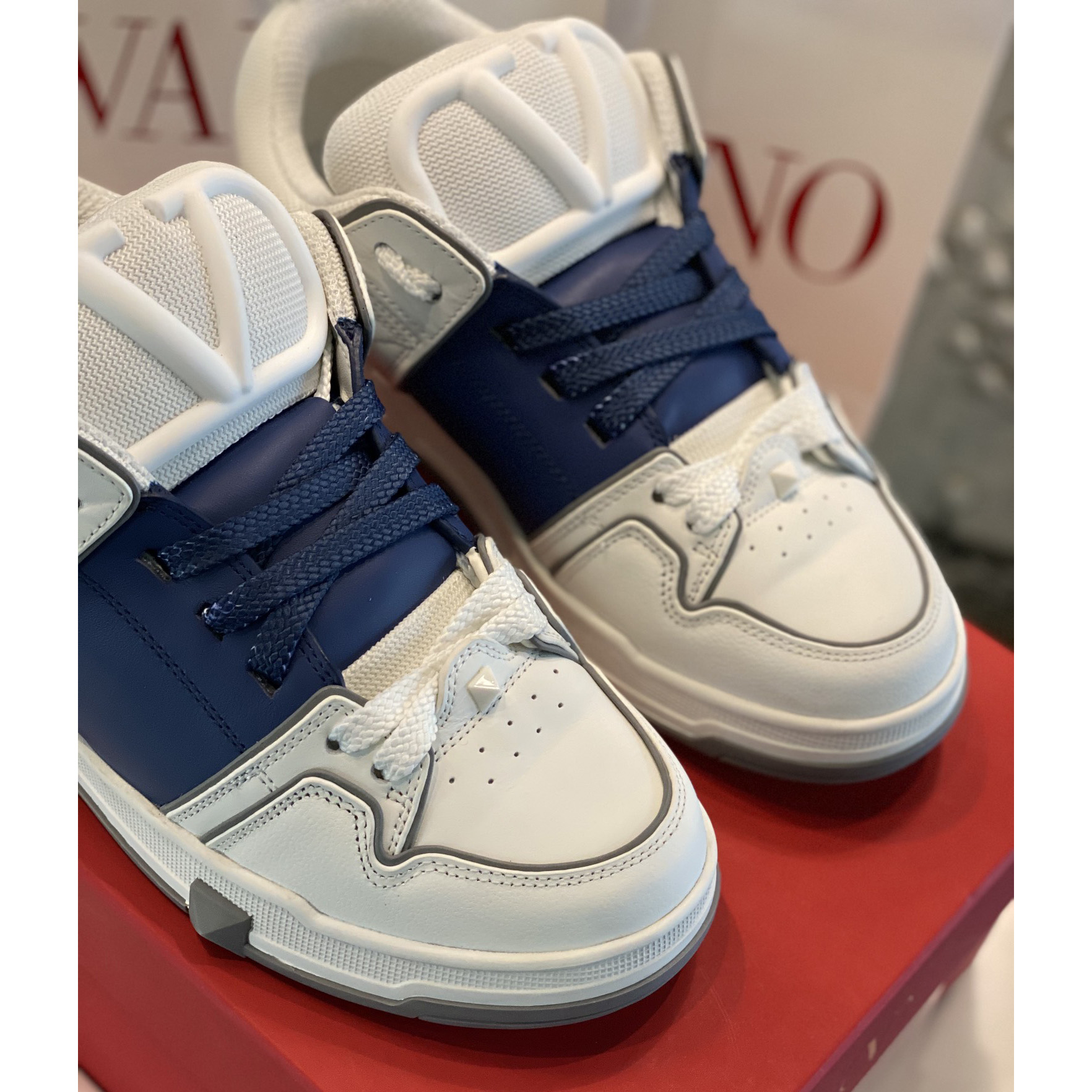 Valenti Open Skate Calfskin And Fabric Sneaker In White/Blue - FashionPlug