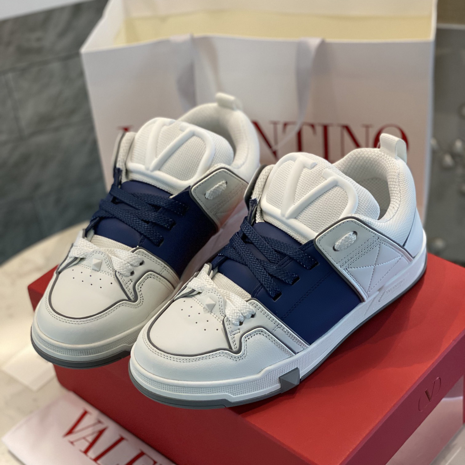 Valenti Open Skate Calfskin And Fabric Sneaker In White/Blue - FashionPlug