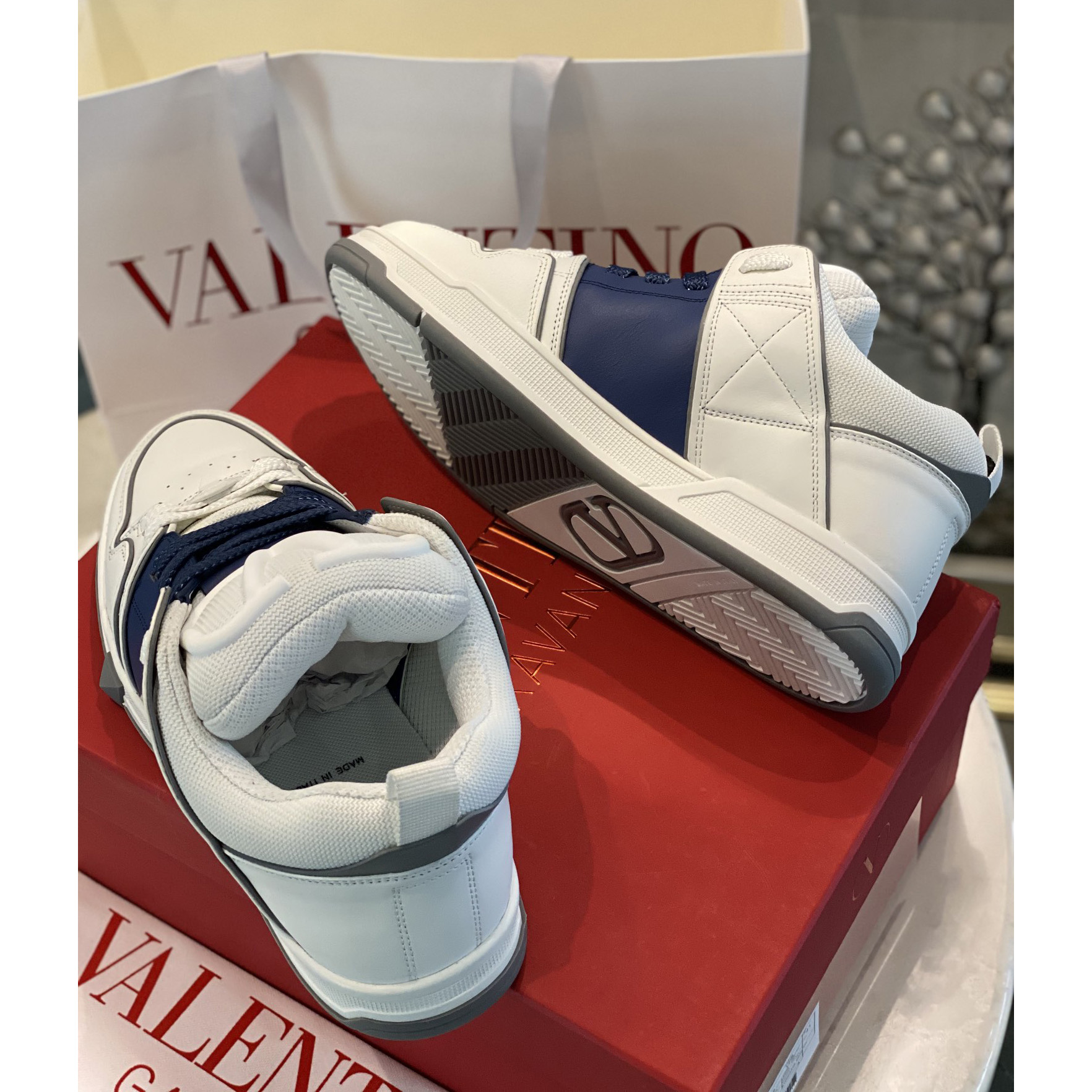 Valenti Open Skate Calfskin And Fabric Sneaker In White/Blue - FashionPlug