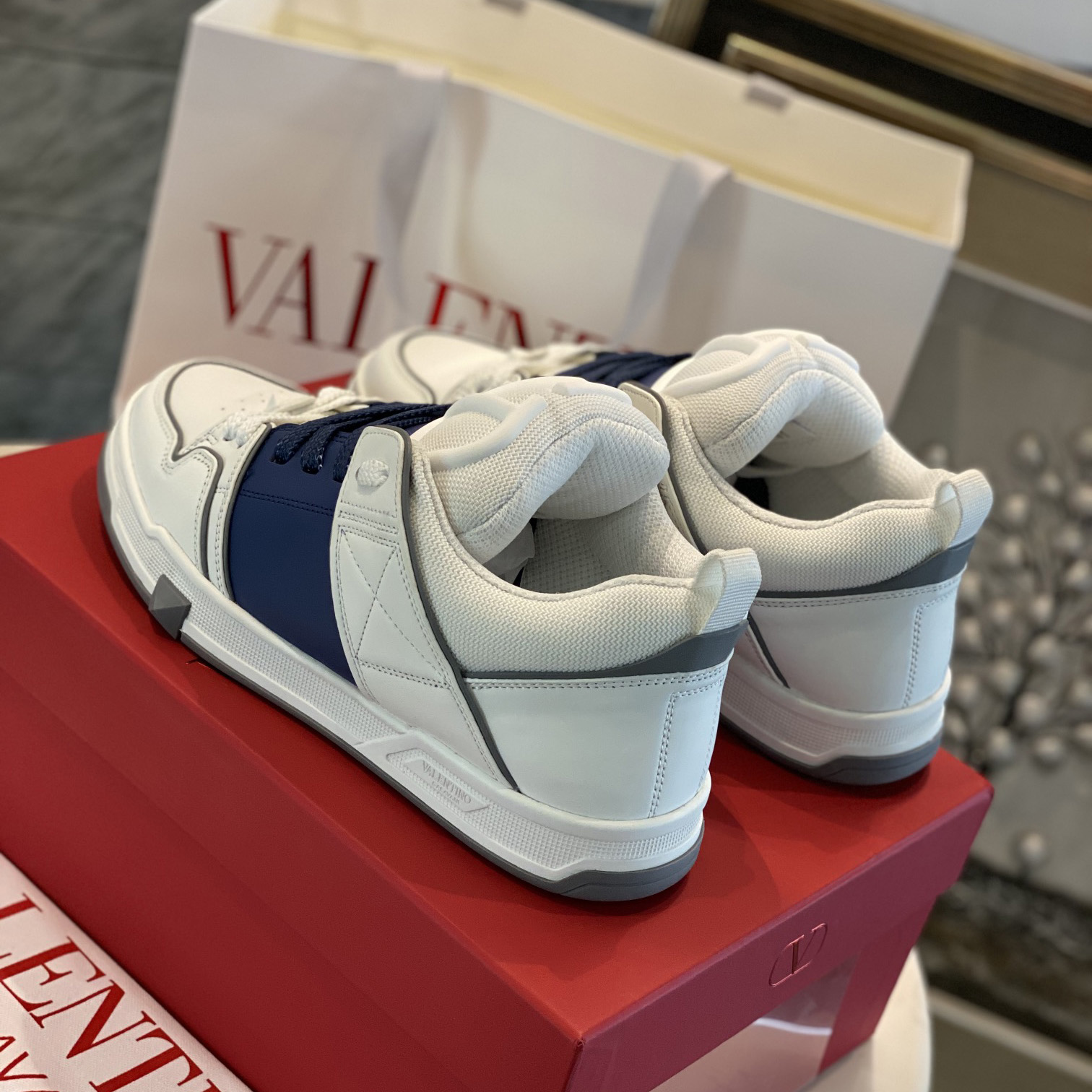 Valenti Open Skate Calfskin And Fabric Sneaker In White/Blue - FashionPlug