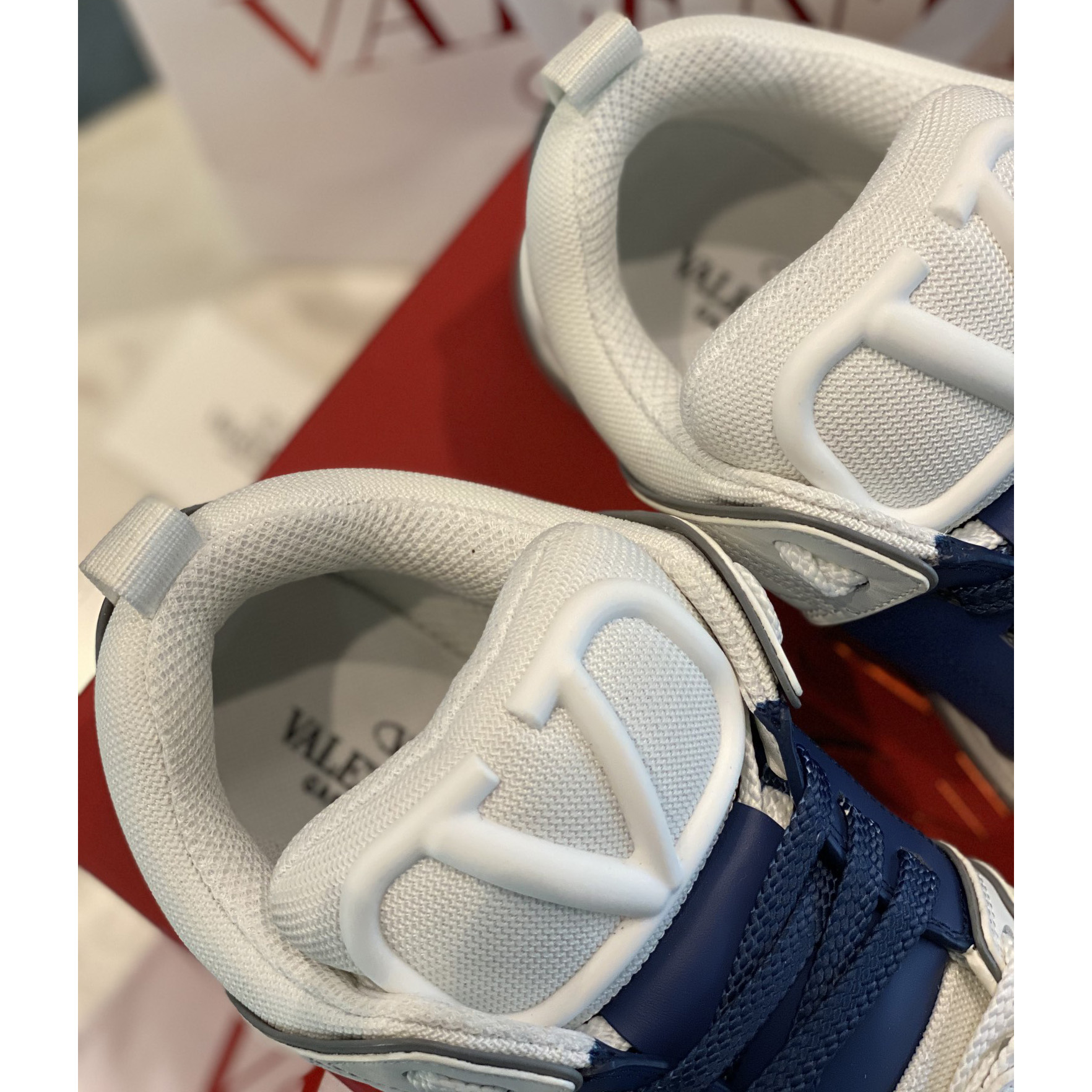 Valenti Open Skate Calfskin And Fabric Sneaker In White/Blue - FashionPlug