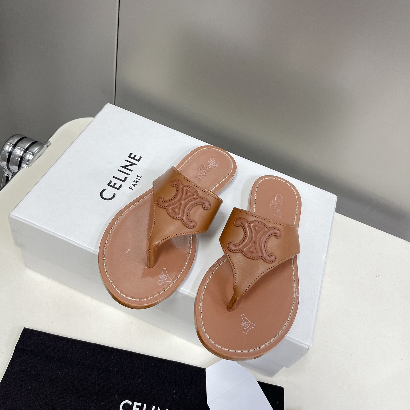 Celine Triomphe Flat Thong In Calfskin Tan - FashionPlug