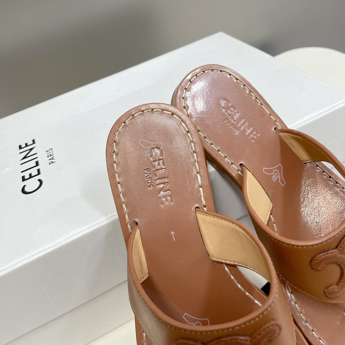Celine Triomphe Flat Thong In Calfskin Tan - FashionPlug