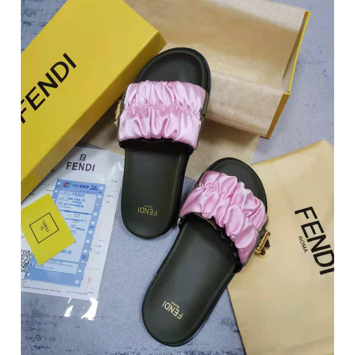 Fendi Fendi Feel Pink Satin Slides - FashionPlug